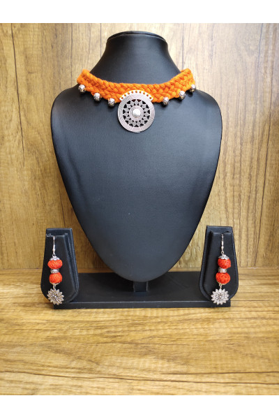 Orange Braided Tarsel And Silver Charms Combine Choker (KR459)